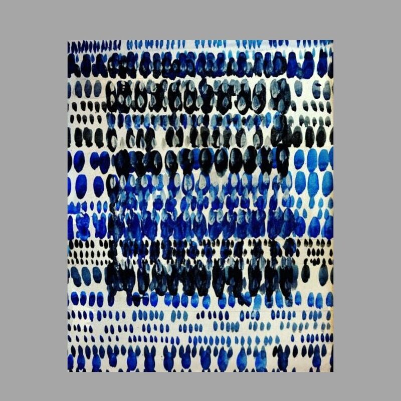 Blue abstract watercolor painting for sale with black patterns and blue marks.  