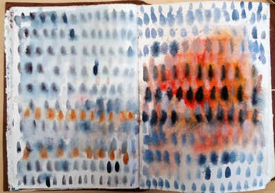 Blue abstract watercolor painting with orange.  Sketchbook page.  