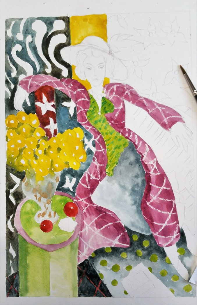 Matisse watercolor art project in progress #2