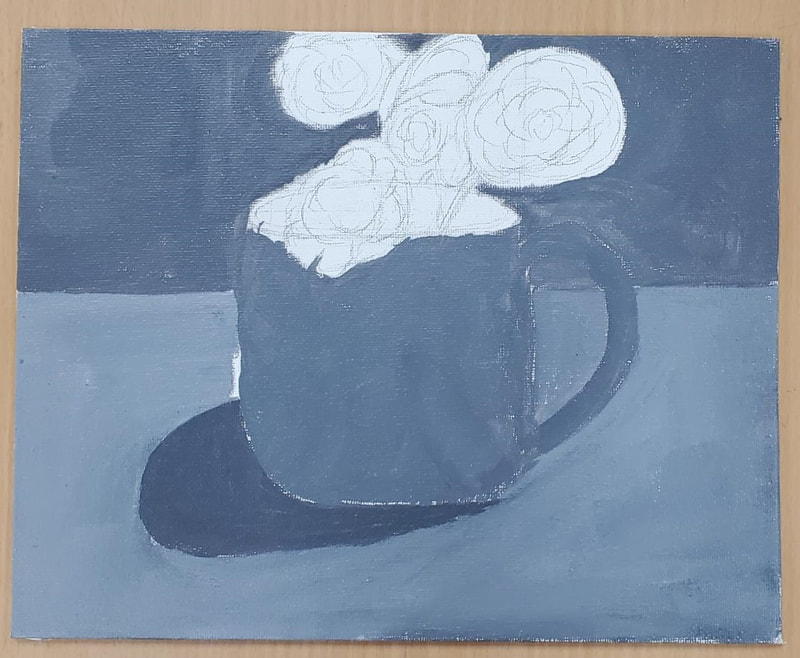 Underpainting of a mug in black and white.  