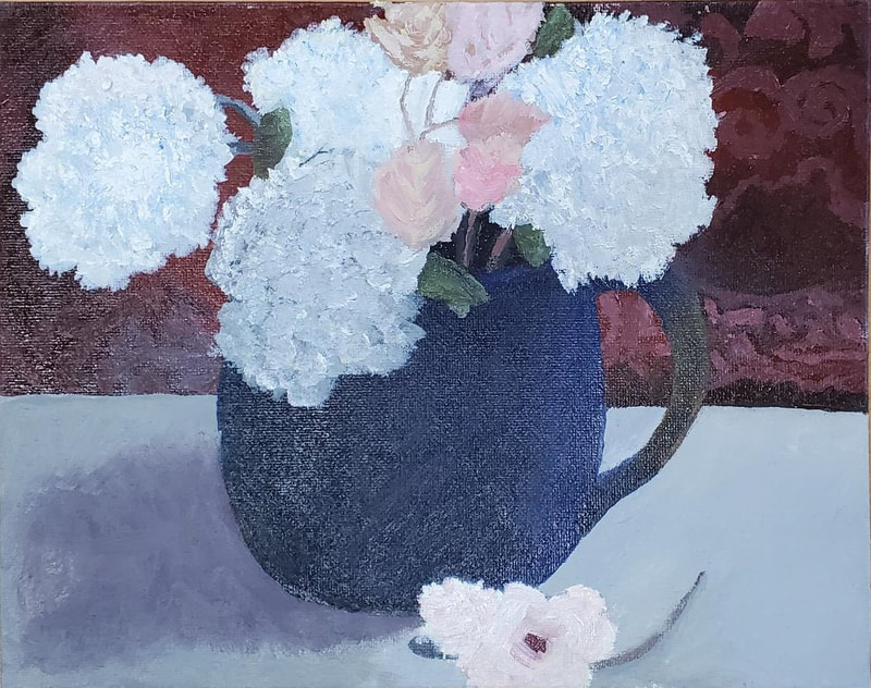 Blue mug painting with flowers, complete.  Student work.  