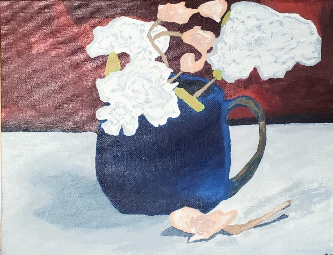 Painting of a blue mug with flowers.  Student painting. 