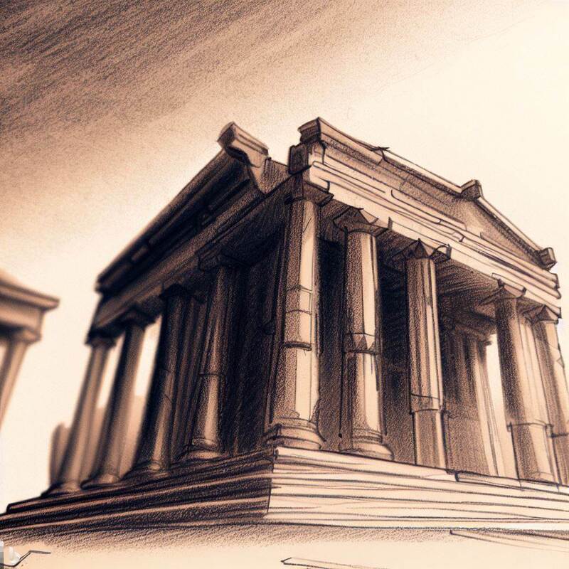 Greek temple drawn in three point perspective. 
