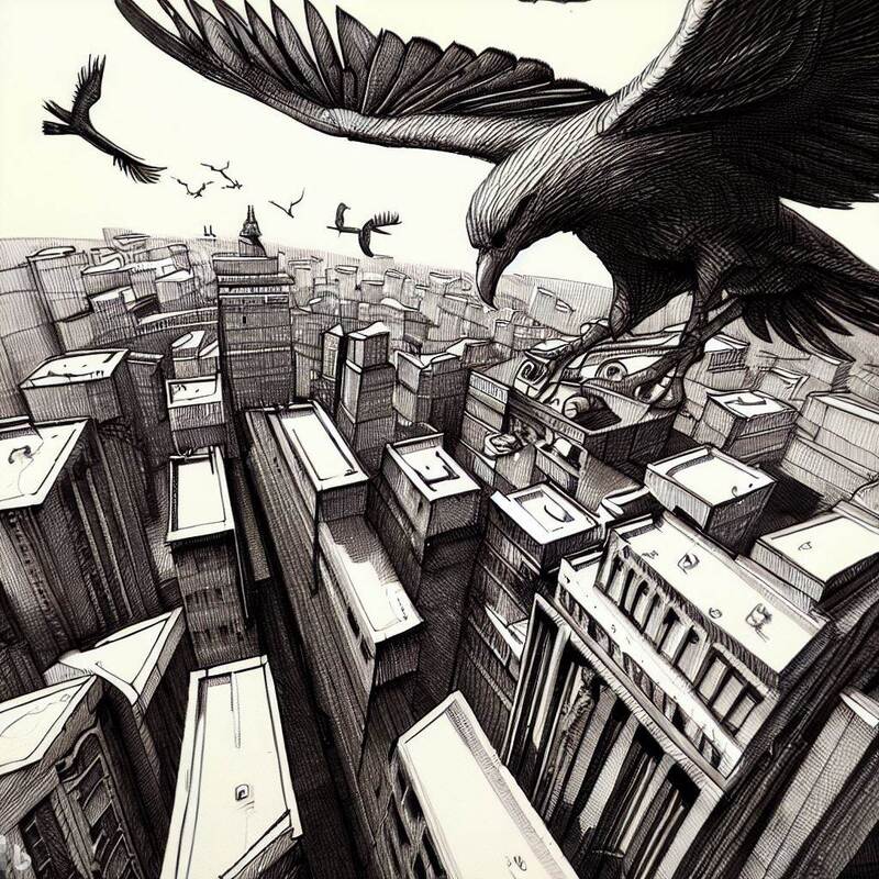 Drawing of birds flying over a city drawing.  