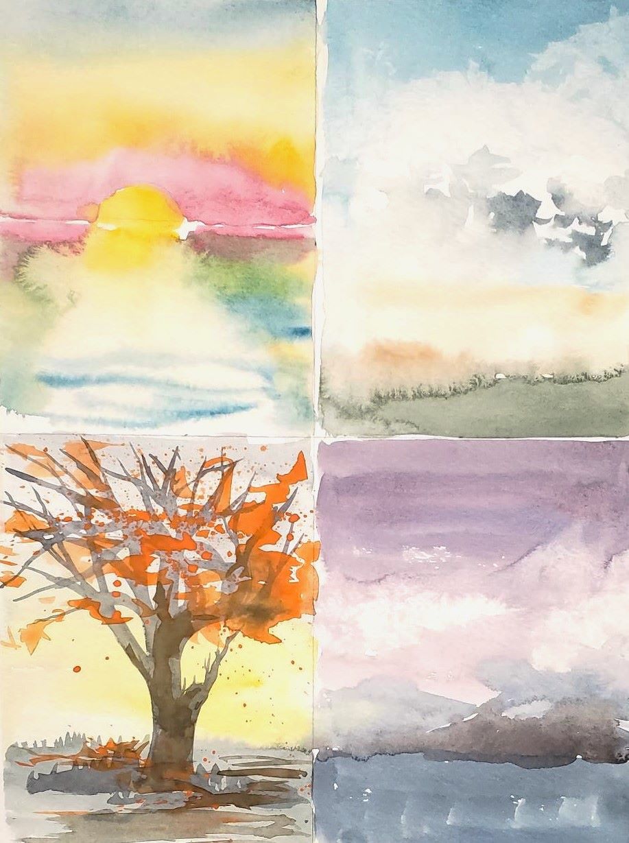 4 watercolor painting exercises: Sunset, clouds, trees, night sky. 
