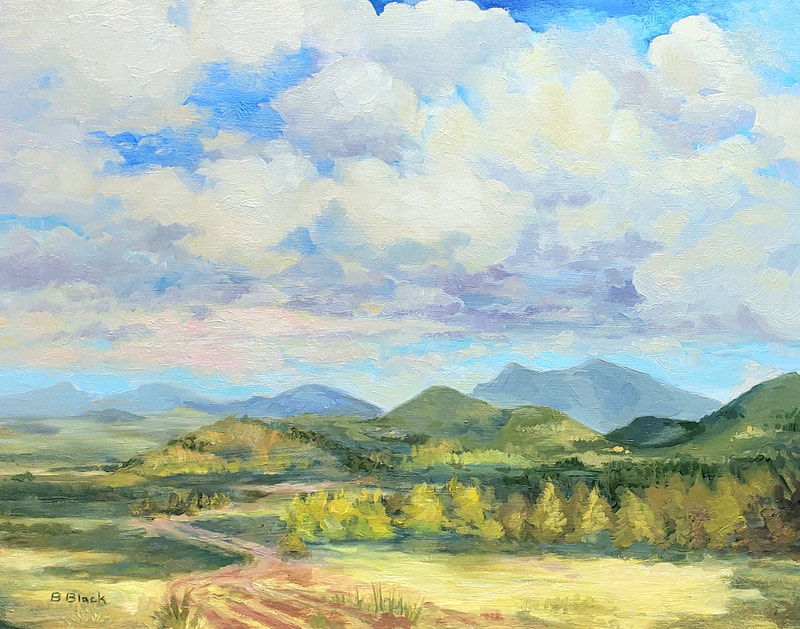 Painting of an Arizona landscape with clouds and trees in Northern AZ. 