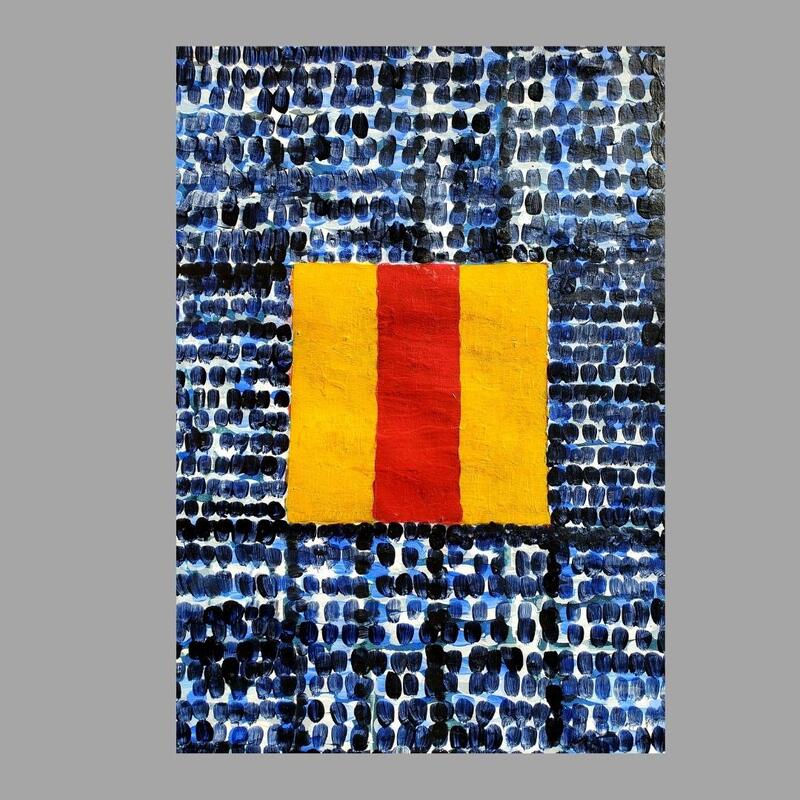 Abstract painting of an Arizona Sunset.  This painting has blue and black dots along with red and yellow stripes in the center.  