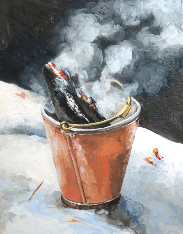 Painting of Ash can and smoke in snow