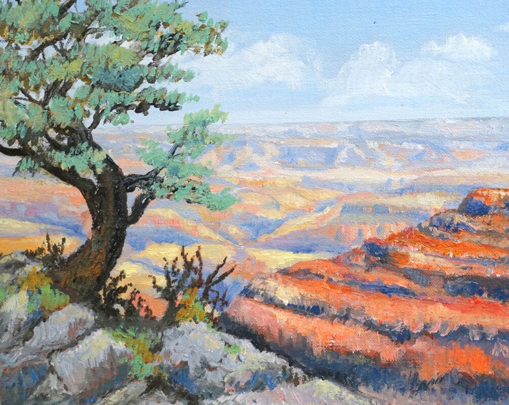 Painting of a pinion pine tree and Grand Canyon. 