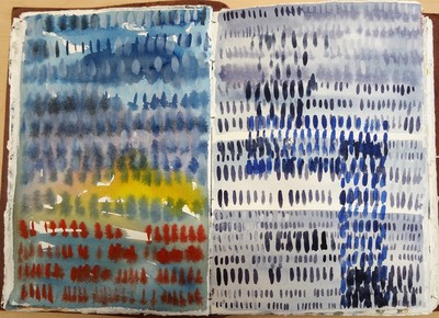 Abstract watercolor painting from Bruce Black's sketchbook.  Blue, yellow, and red dashes of color.  Handmade paper.