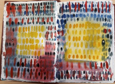 Yellow squares on field of red dashes of color.  Abstract watercolor painting.  