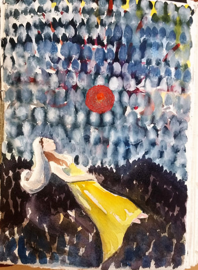 Woman dreaming.  Abstract watercolor painting with orange sun.  
