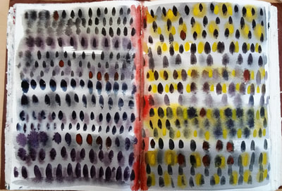 Abstract watercolor painting from sketchbook. By Bruce Black.  Gray and yellow dashes of color 