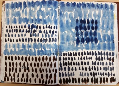 Abstract watercolor painting from sketchbook page.  By Bruce Black.  Blue square with blue dashes of color.  