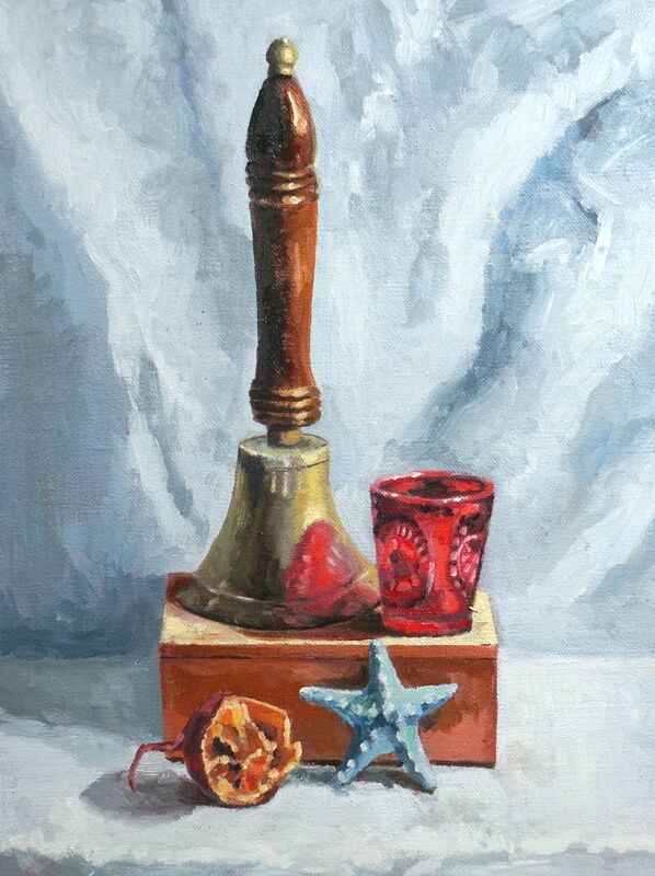 Still life painting with red shot glass, school bell, and blue starfish.  