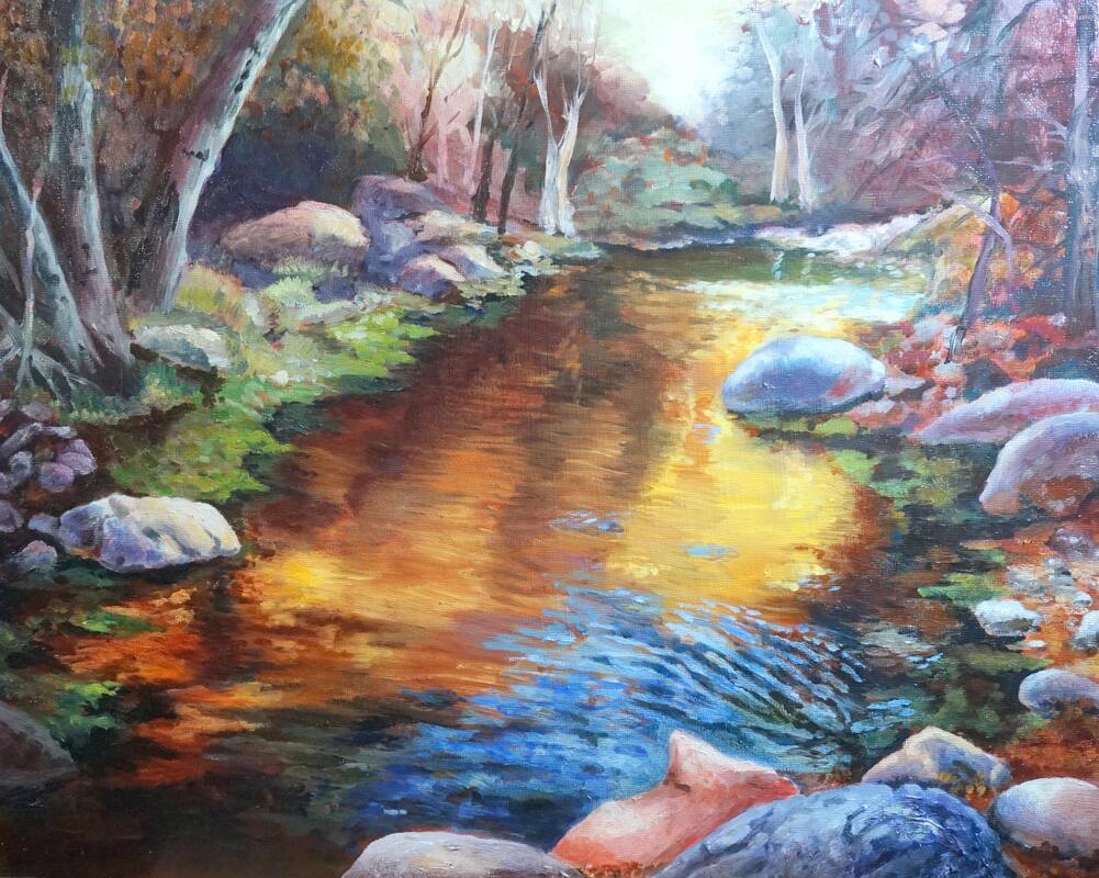 A painting of a small river with trees and rocks in Arizona.  