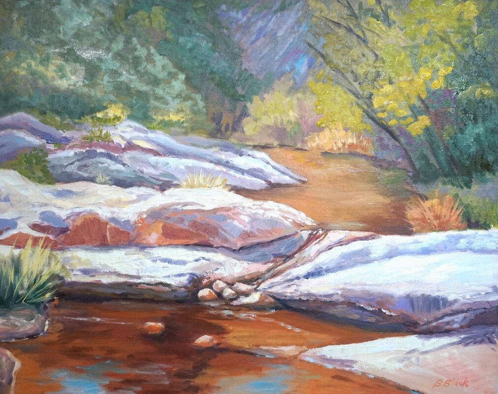 A landscape painting by Bruce Black depicting a river and rocks in Arizona.  