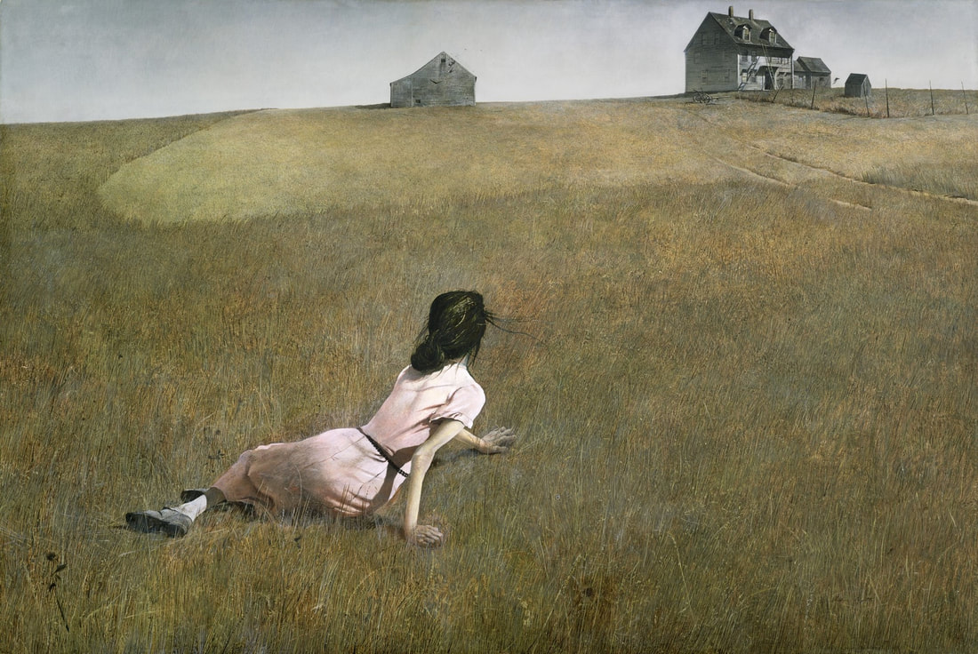 Woman laying in a field looking at barn