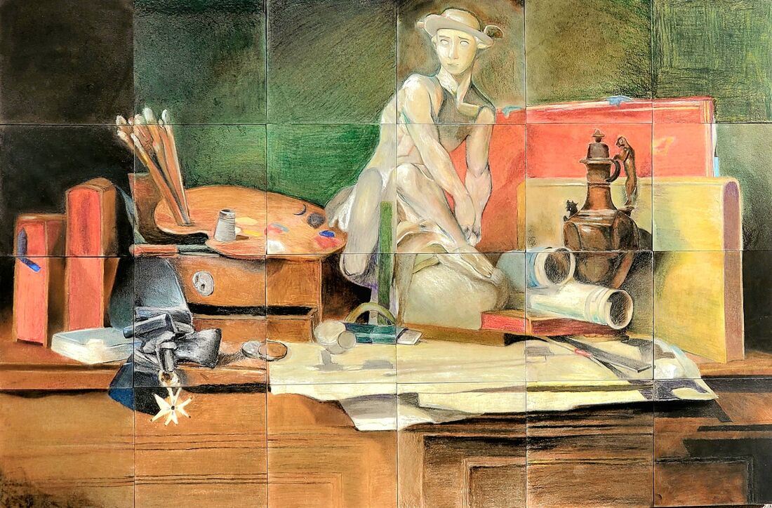 Still life painting of statue, books, and art supplies.