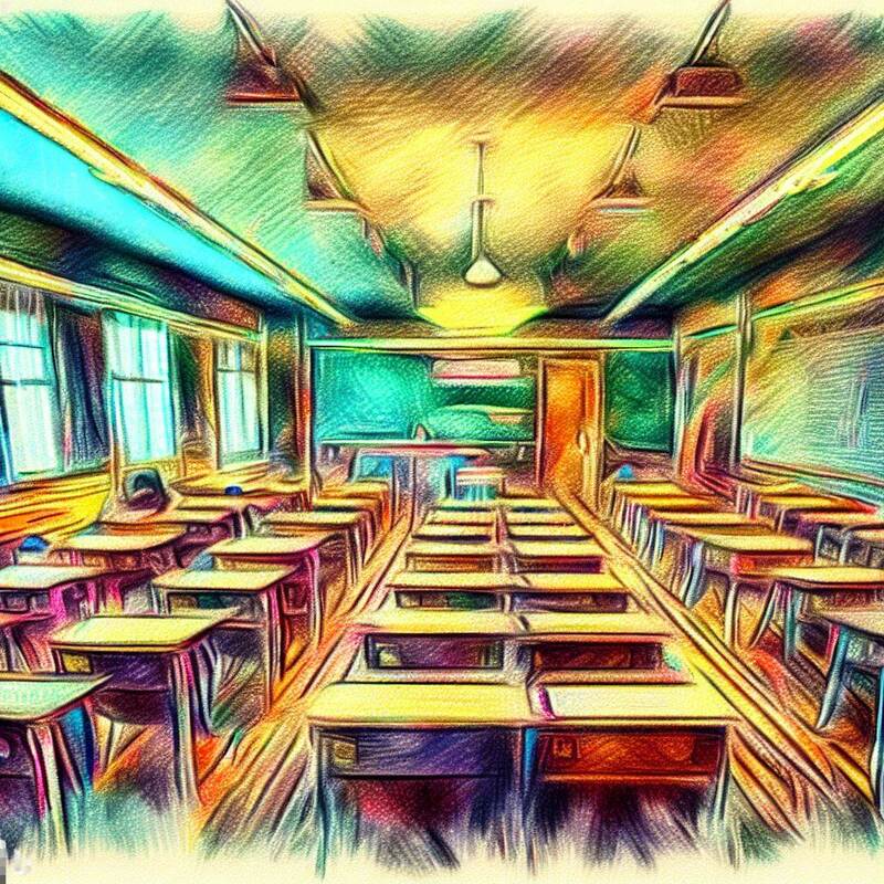 Drawing of classroom in colored pencil.  