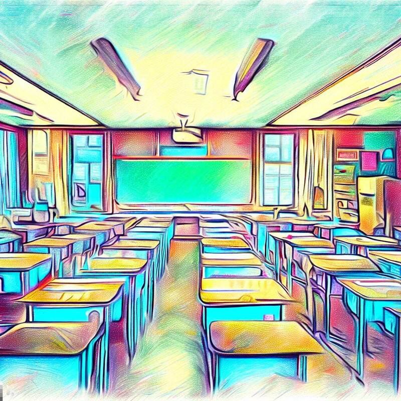 Drawing of a classroom in colored pencil done in one point perspective.  