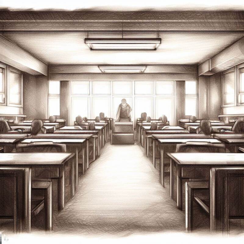 Graphite drawing of a school classroom in perspective.  