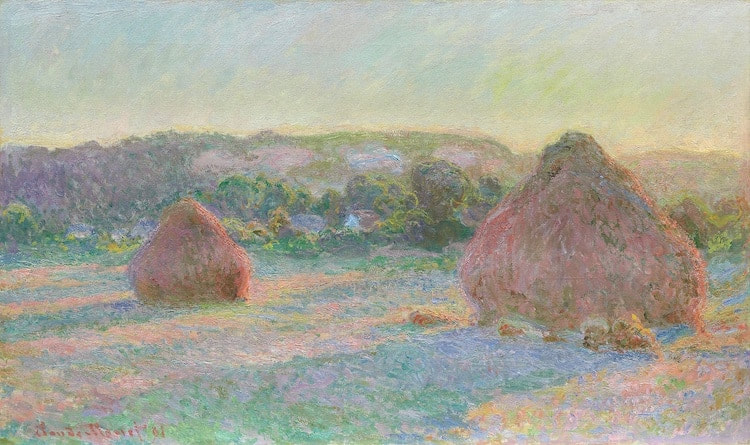 Impressionist painting of haystacks in a field. 