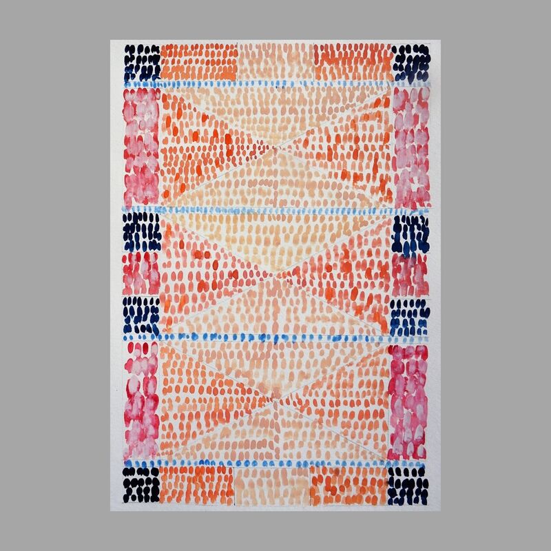 Geometric abstract art for sale with pink, tangerine, and blue colors.  