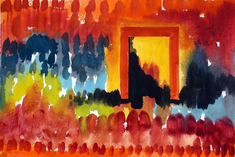 Small colorful watercolor painting with red abstract marks. 
