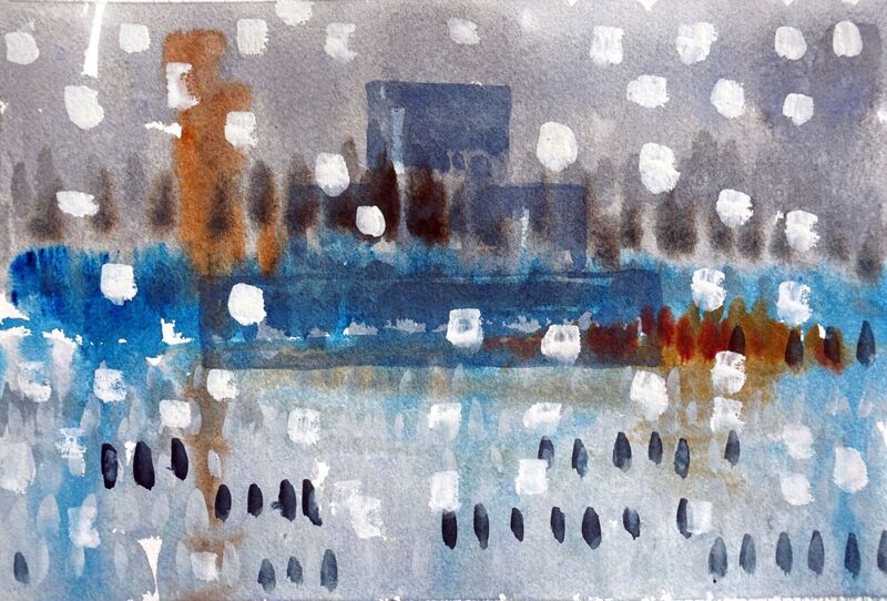 Small abstract watercolor paintings with cool colors and white dots. 