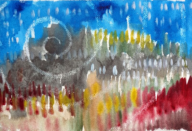 A small abstract watercolor painting with bright blue, red, and yellow colors.  By Arizona artist, Bruce Black. 