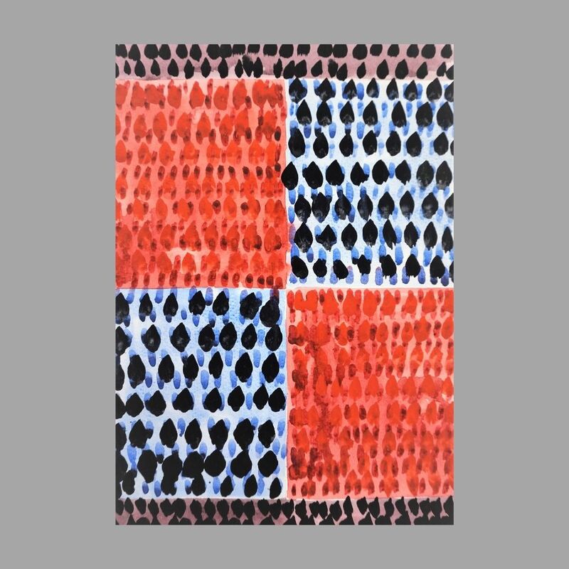A colorful abstraction for sale with red and blue colors.  Black dots and patterns of watercolor throughout.  