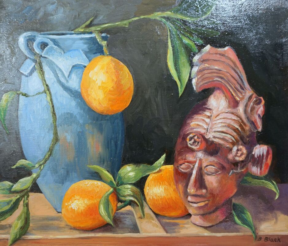 A still life painting of a blue vase, three oranges, and a Mayan king statue.  