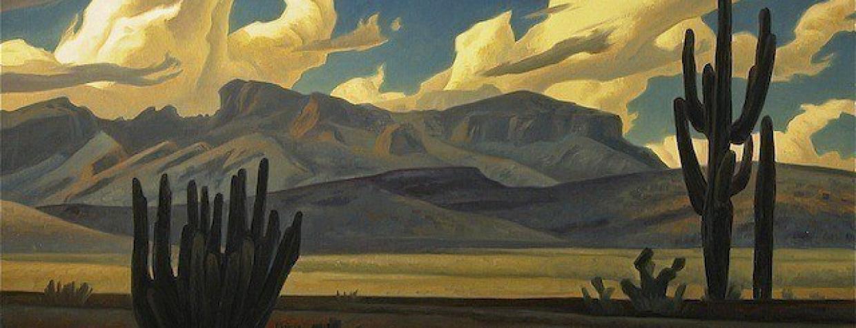 Painting of cactus and mountains