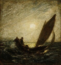 Dark painting of a boat on water, famous. 