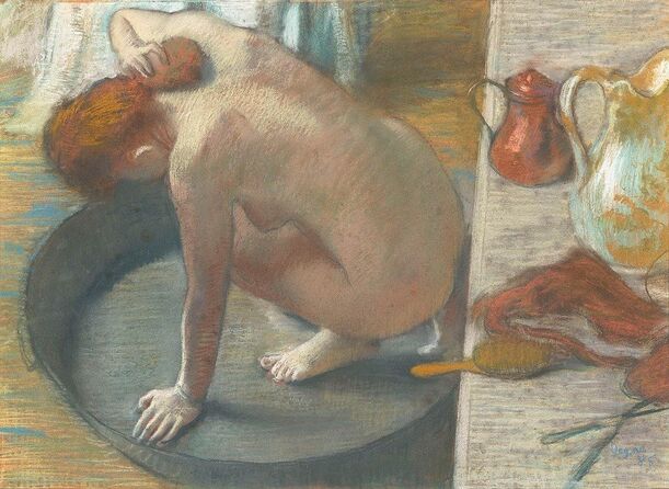 Degas drawing of a woman kneeling in a tub. 