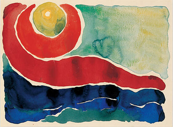 Watercolor painting by Georgia O'Keeffe with red swirl and blue waves