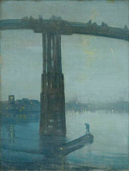 Blue painting of a bridge in mist.  