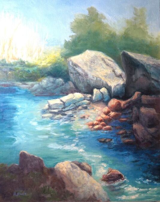 Oil painting of Maui beach, rocks, and water.