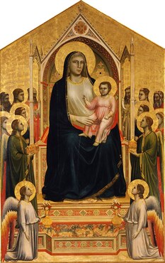 Painting of Modona and child with apostles and angels.  