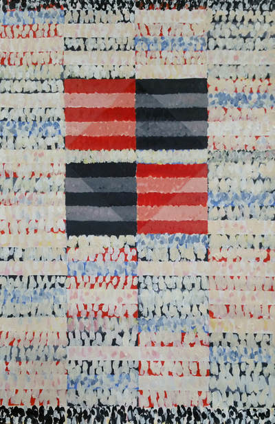 Abstract acrylic painting on paper. Red and black stripes with blue in background. By Bruce Black