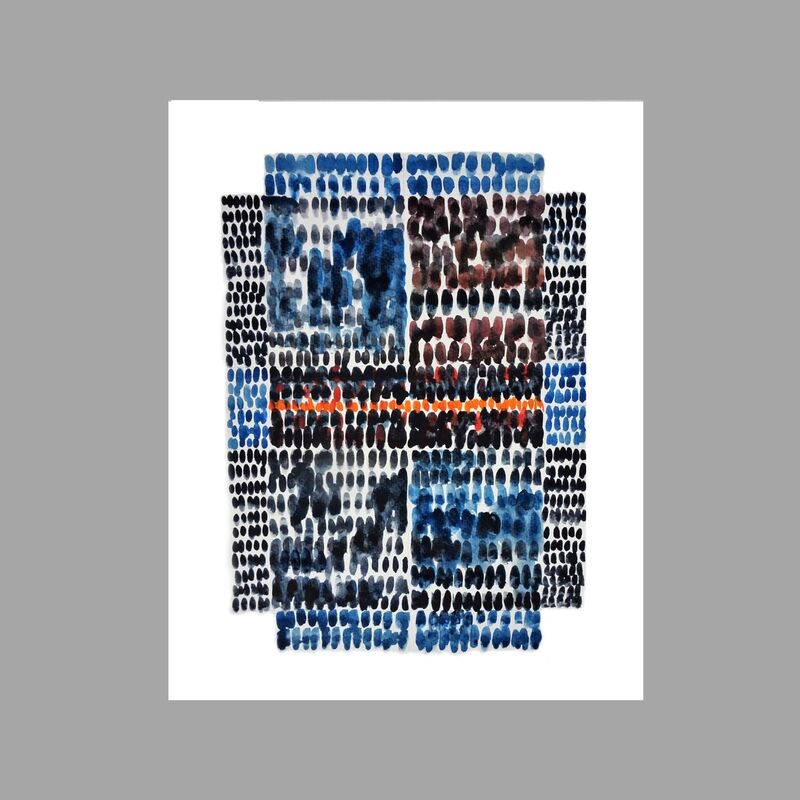 A small original abstract artwork with blue and black patterns of color.  
