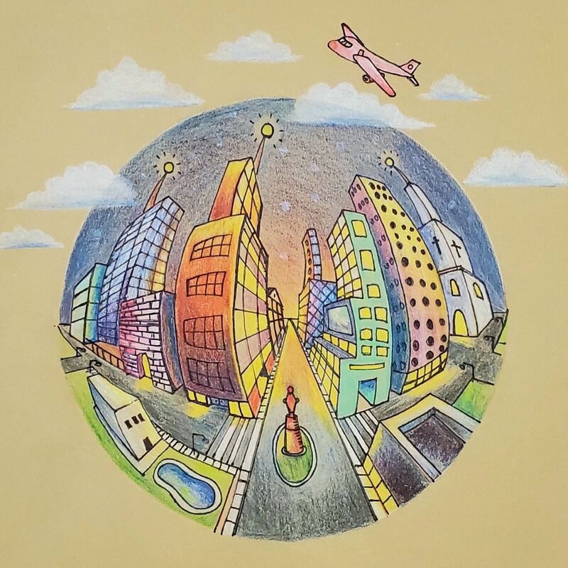 Five point perspective drawing of a city using colored pencils and marker.  