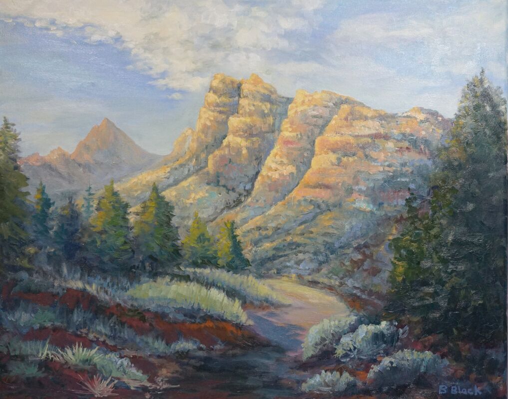 An oil painting of a cliff face in Arizona with the sun just hitting it.  