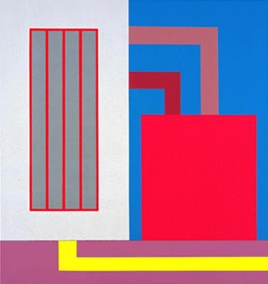 Red and blue painting by Peter Halley