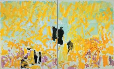Joan Mitchell, large yellow abstract painting with black marks in center
