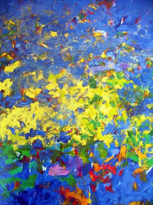 Joan Mitchell, blue, yellow, and red abstract expressionism painting. 