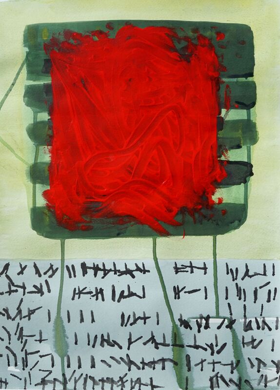 Green abstract painting with a red square at the top.  Contemporary Artwork by Arizona artist, Bruce Black.  