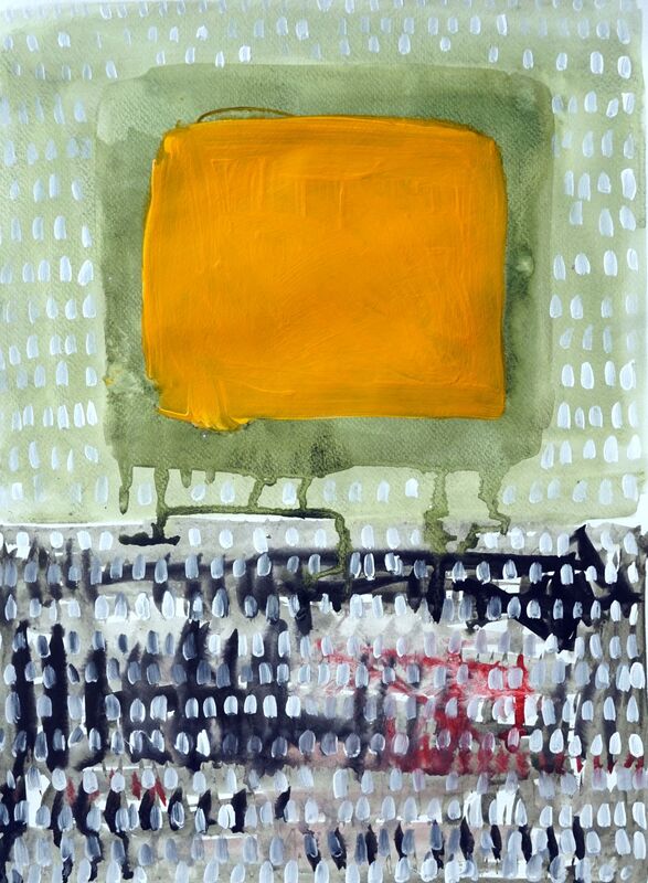 Abstract painting with a yellow square on top of a green ground.  Dashes of color on the bottom.  Artwork by Arizona artist, Bruce Black.  