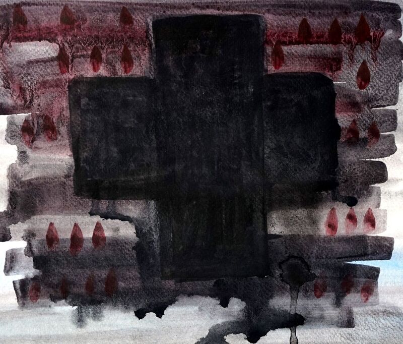 A detail of Journal entry #5.  This is an abstract painting with a black cross by Bruce Black.  Arizona.  